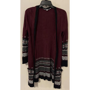 Valerie Stevens Womens Small Open-Front Long Burgundy Pocket Cardigan! A582